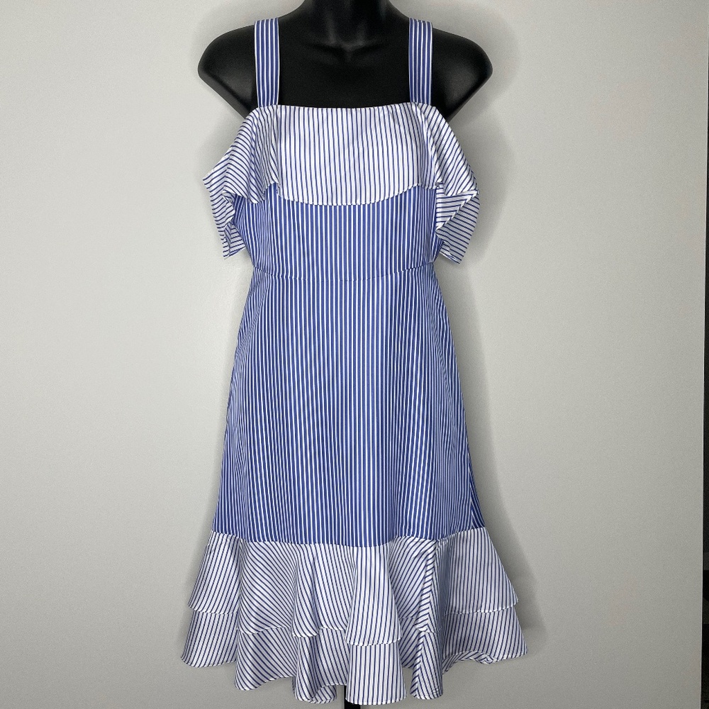 J. Crew Two Toned Blue White Striped Ruffle Dress Size 00